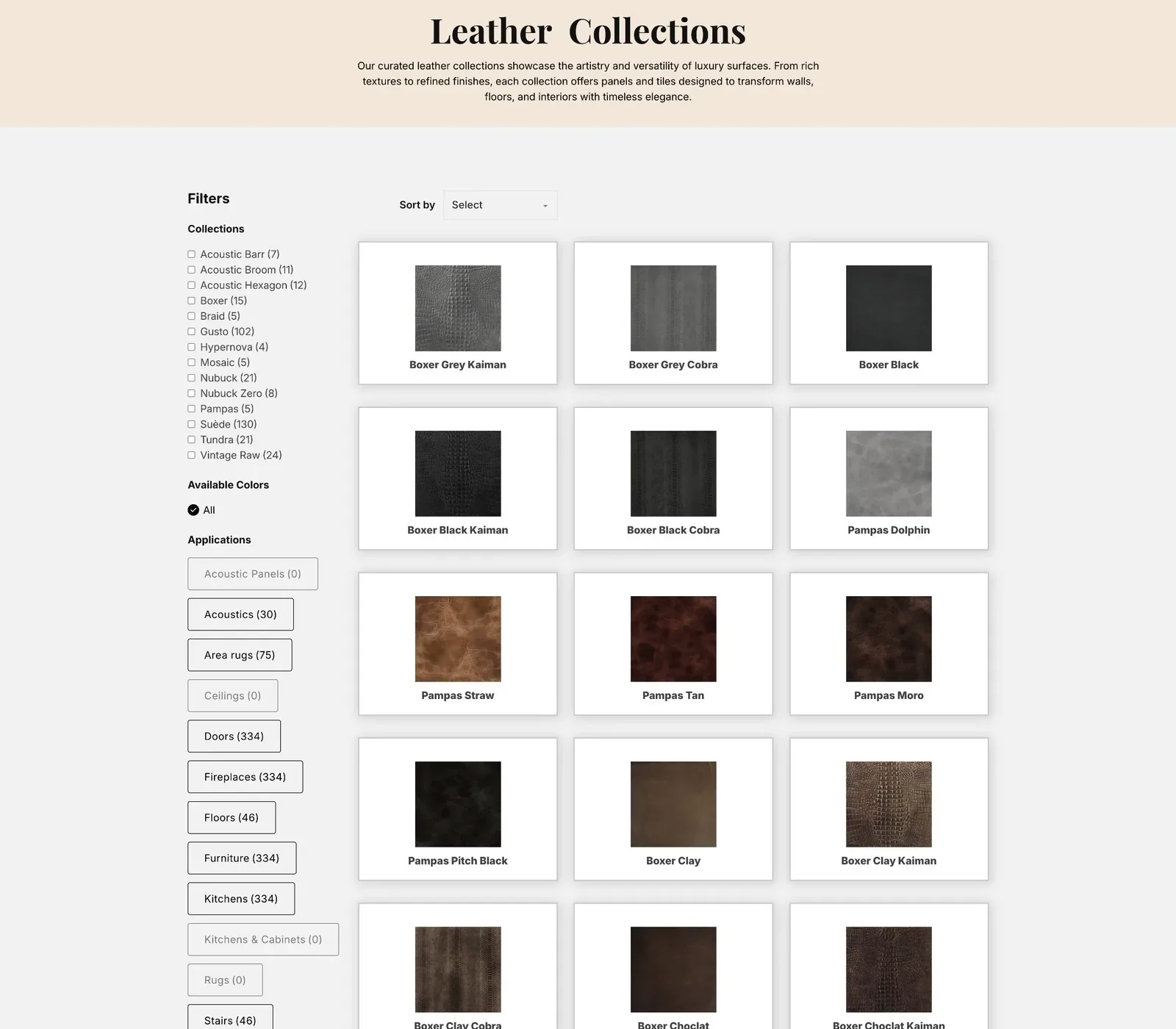 Dyan Leather filterable collections catalog — filter by collection, color, and application; 13+ collections, hundreds of finishes