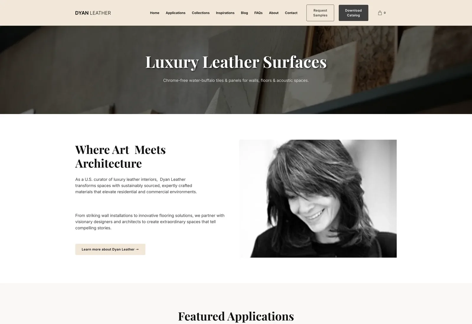 Dyan Leather homepage at launch — hero, collections preview, and the 'Where Art Meets Architecture' brand narrative