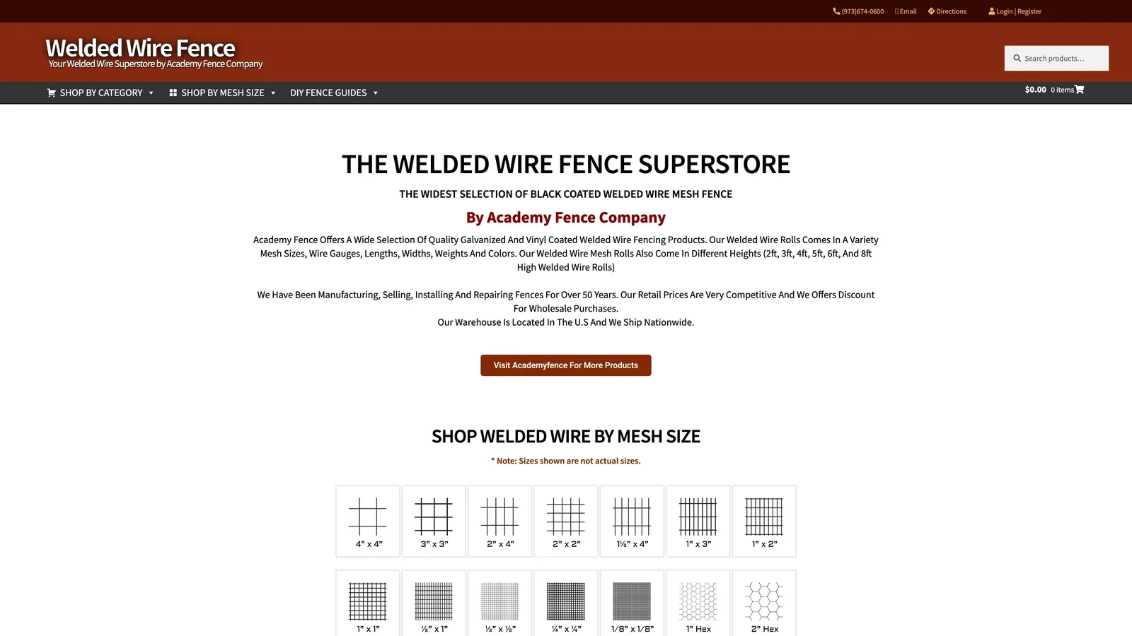 Welded Wire Fence homepage — the Academy Fence satellite e-commerce site still operating seven years on