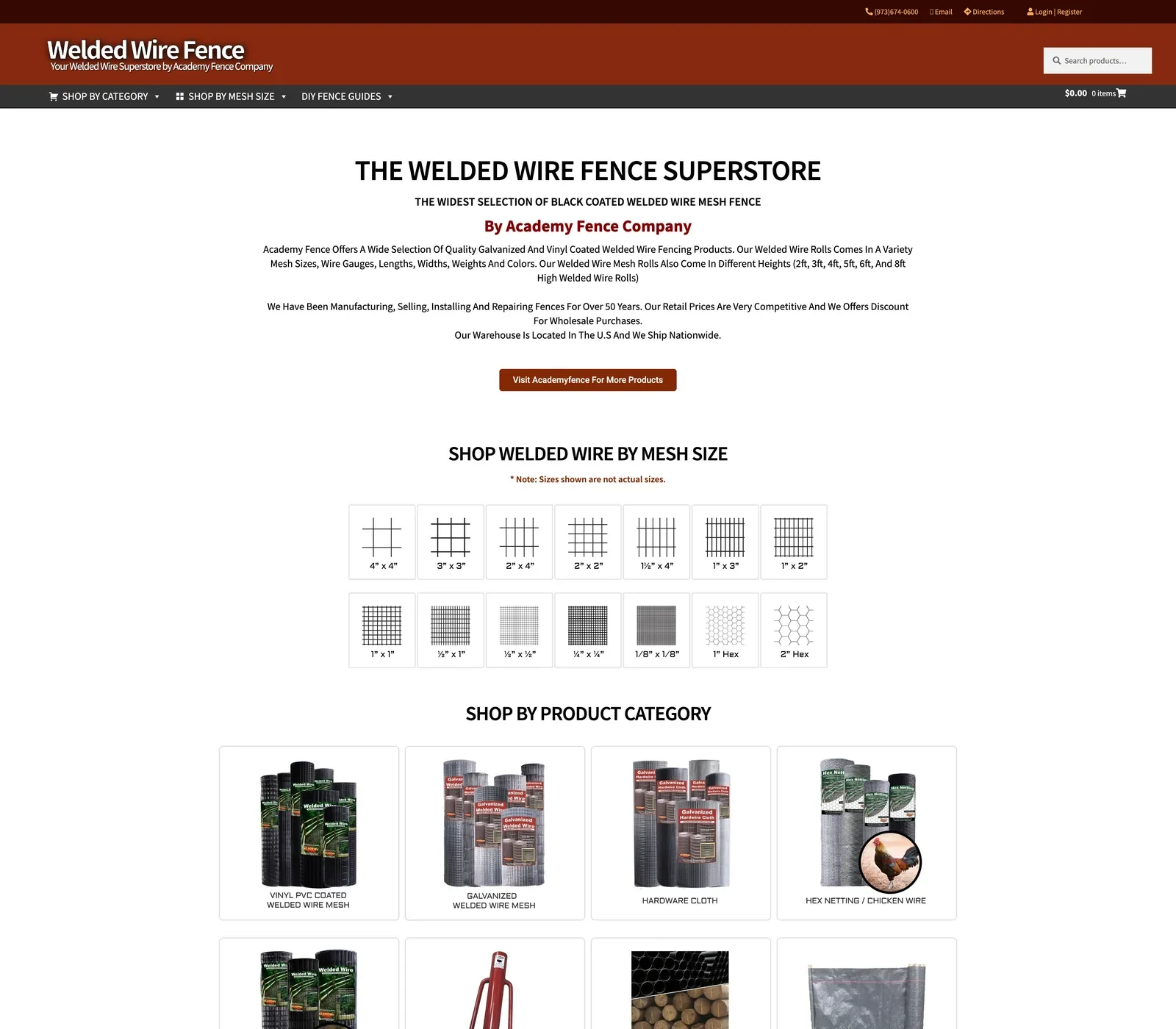 Welded Wire Fence homepage today — mesh-size visual taxonomy (4x4 through 2' Hex) and eight product category cards, all built on the original 2019 architecture