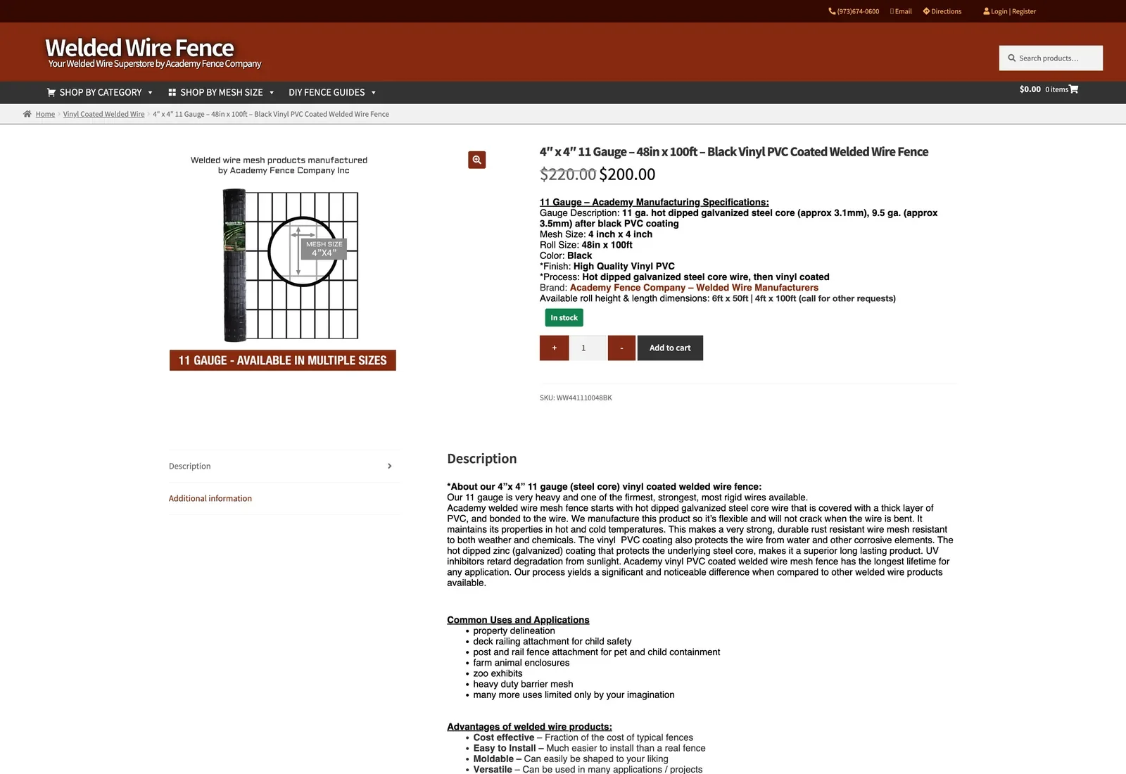 A live product page on the Welded Wire Fence platform — 4 inch by 4 inch 11-gauge black PVC coated welded wire, $200, in stock, with Add to Cart